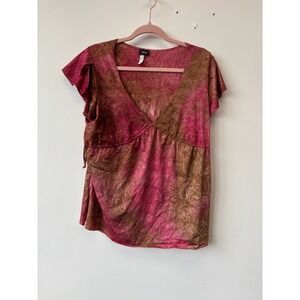 Vintage Vanity Shirt Large Pink Brown Tie Dye Boho Metallic‎ Top Y2K Whimsygoth